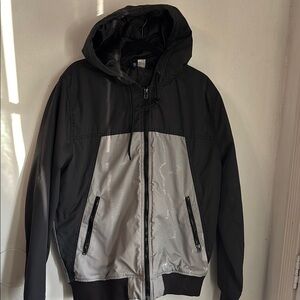 Black and Gray Ski Jacket with Hood and Elastic Waistband